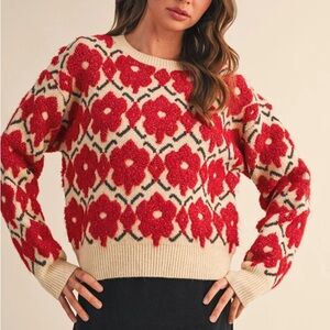 &Merci Women's Vibrant Red Floral Crew Neck Ribbed Sweater
